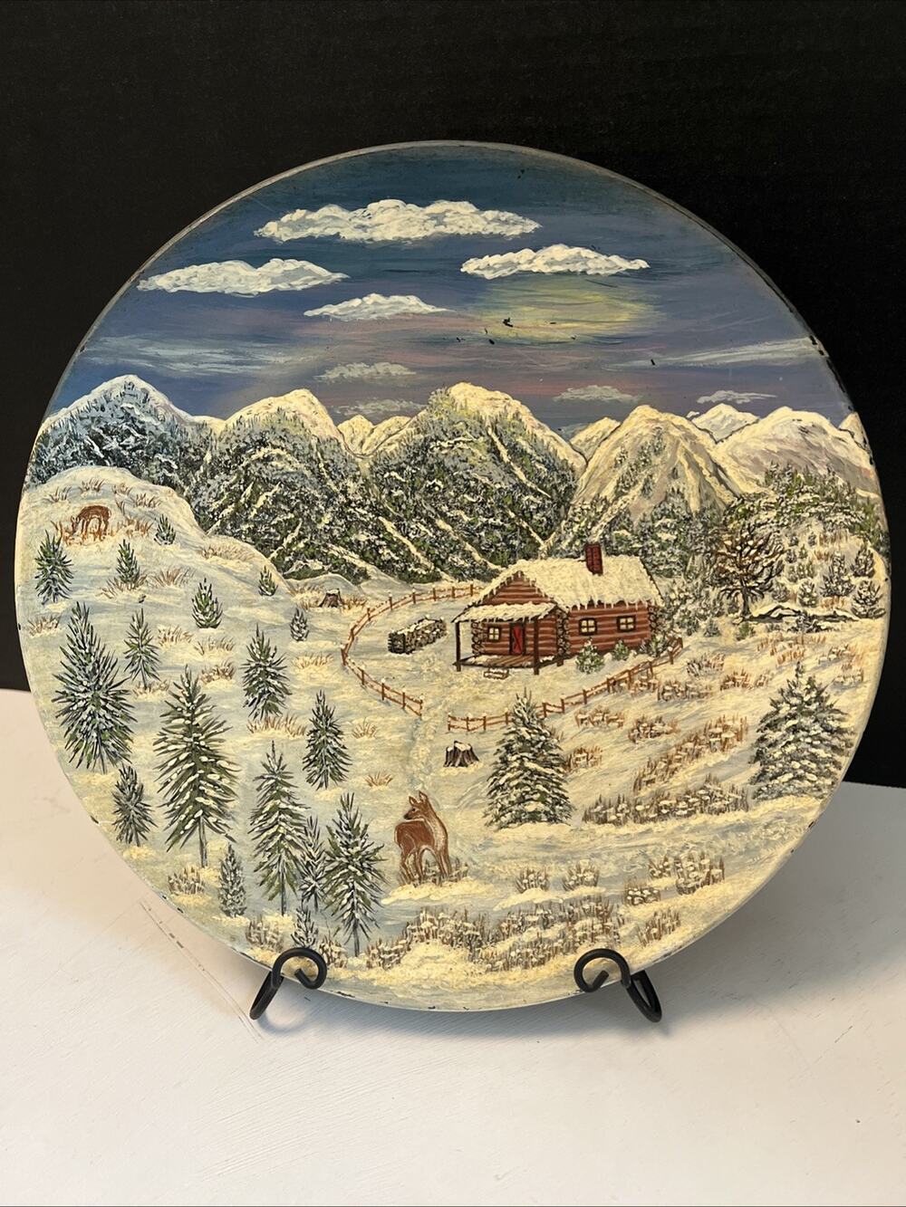 Vtg Hand Painted Plate Christmas Deer Snow Cabin Snow Scene Artist Signed 2002